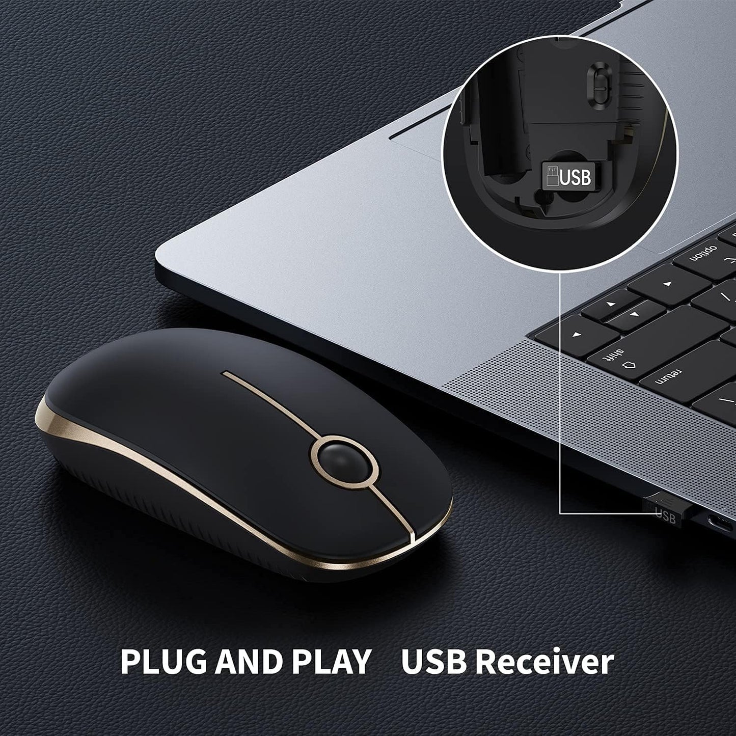 Wireless Mouse, 2.4G Slim Portable Computer Mice with Nano Receiver for Notebook, PC, Laptop, Computer-Gold and Black