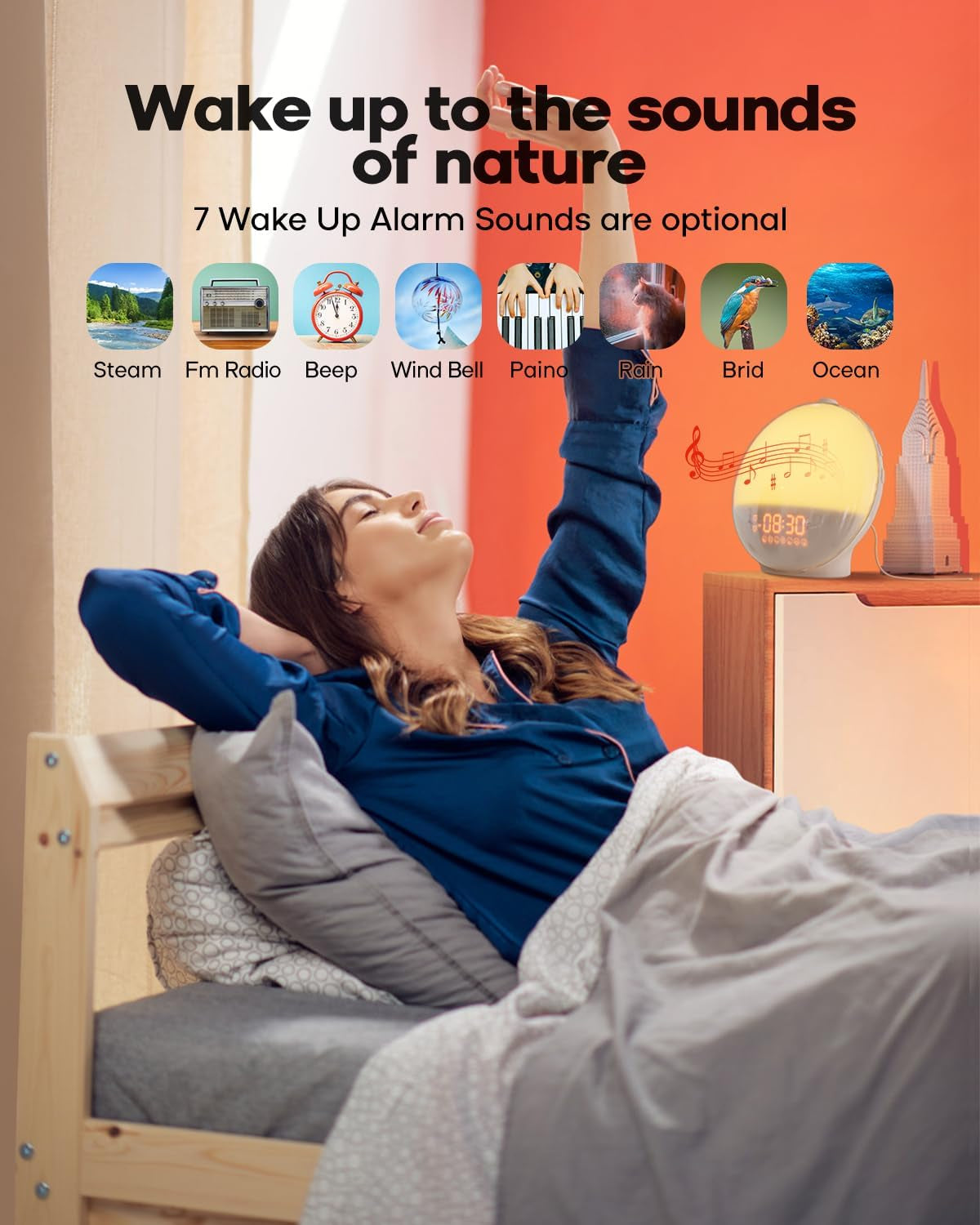 Sunrise Alarm Clock for Deep Sleepers - Sunrise/Sunset Simulation, Dual Alarms, Natural Sounds, Snooze Function, FM Radio, 7-Color Night Light