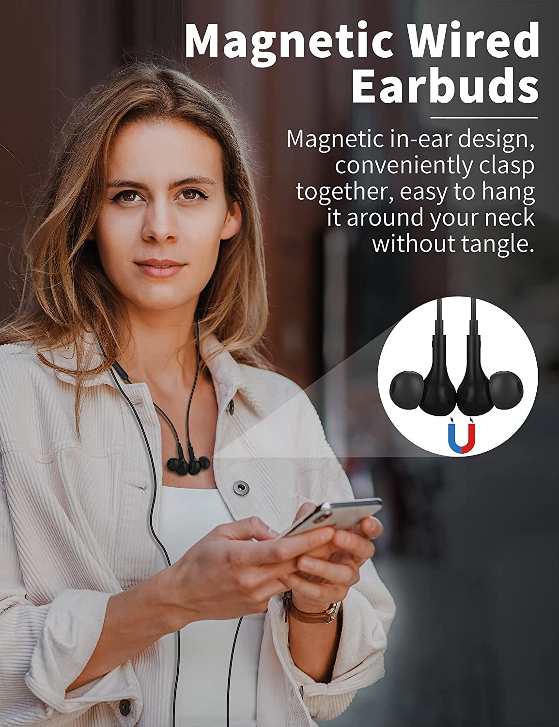 USB C Wired Earbuds with Microphone and Volume Control, Magnetic In-Ear Design, Bass Noise Cancelling (Black)