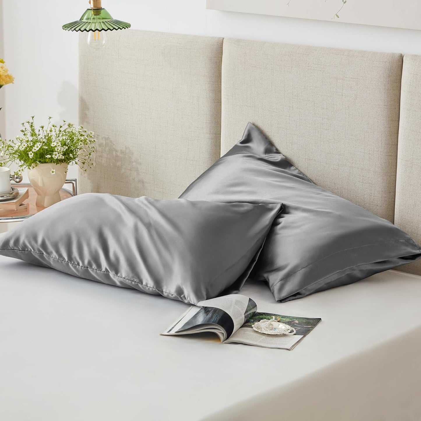 Satin Pillowcase Set for Hair and Skin Care (Dark Gray, 20x30 Inches) - Queen Size, Set of 2, Cooling Satin Covers with Envelope Closure
