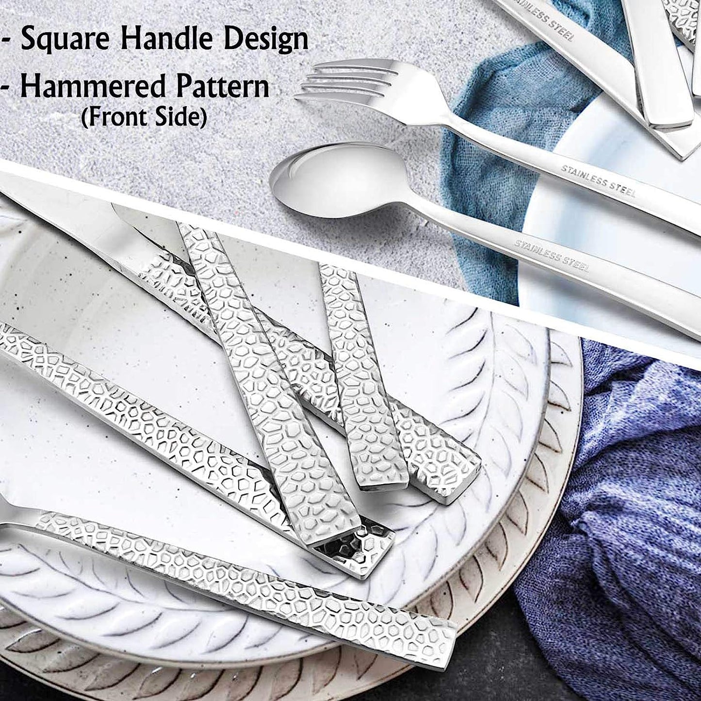 40-Piece Hammered Stainless Steel Flatware Set for 8 - Modern Square Design Cutlery with Dinner Knives, Forks, and Spoons - Mirror Polished