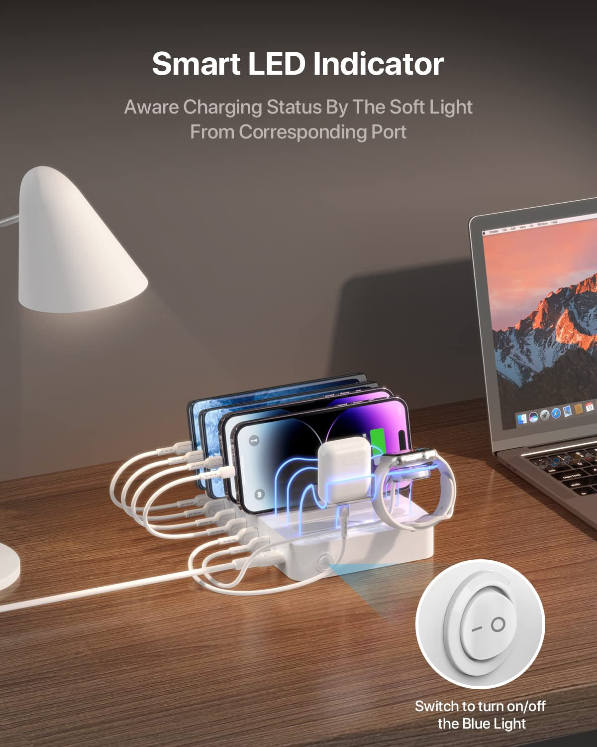 60W/12A 6-Port Charging Station with PD 20W USB-C Fast Charging - 6 Short Cables and 2-in-1 Holder, Compatible with Phones, Tablets