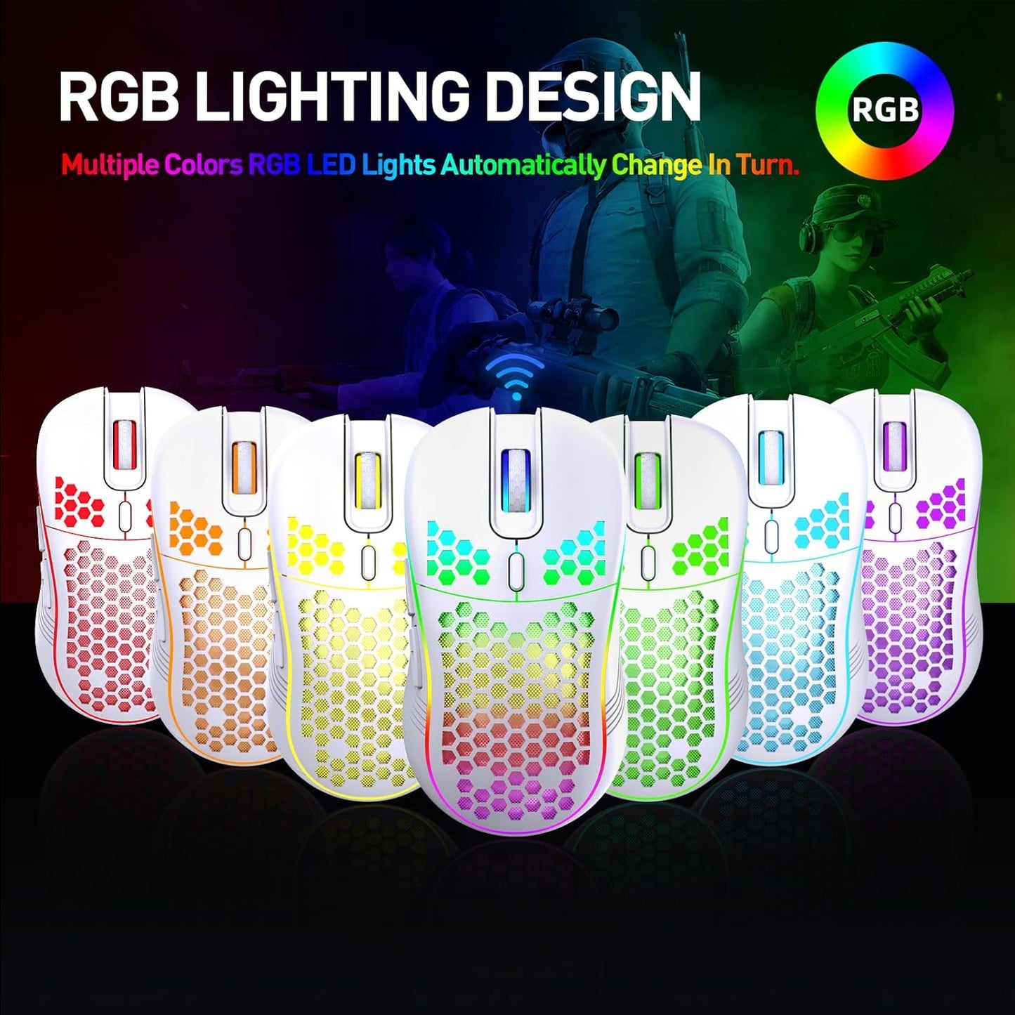 Wireless Gaming Mouse, Rechargeable Computer Mouse with RGB Backlight, USB Receiver, 6 Buttons, Adjustable DPI (White)