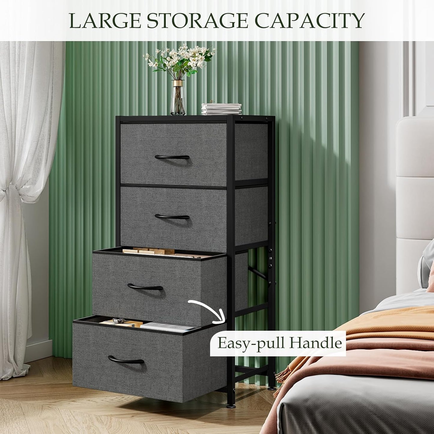 4-Drawer Dresser Vertical Storage Tower Fabric Dresser for Bedroom, Hallway, Entryway, Closet Organizer, Nightstand Bedside Table Furniture,Wooden Top (4-Tier, Black)