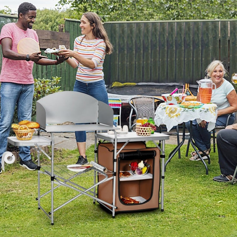 Portable Outdoor BBQ Grilling Table with Protective Windscreen Bag
