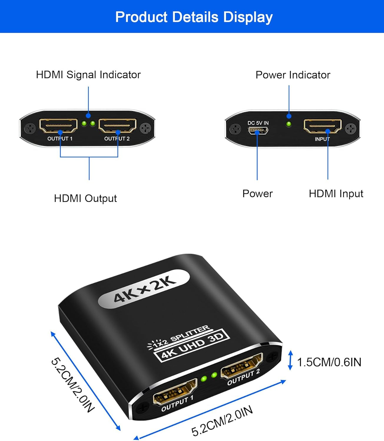 4K HDMI Splitter 1x2 for Dual Monitors, Aluminum Design, Supports 3D and Full HD 1080P, Compatible with PS4, Fire Stick, and HDTV