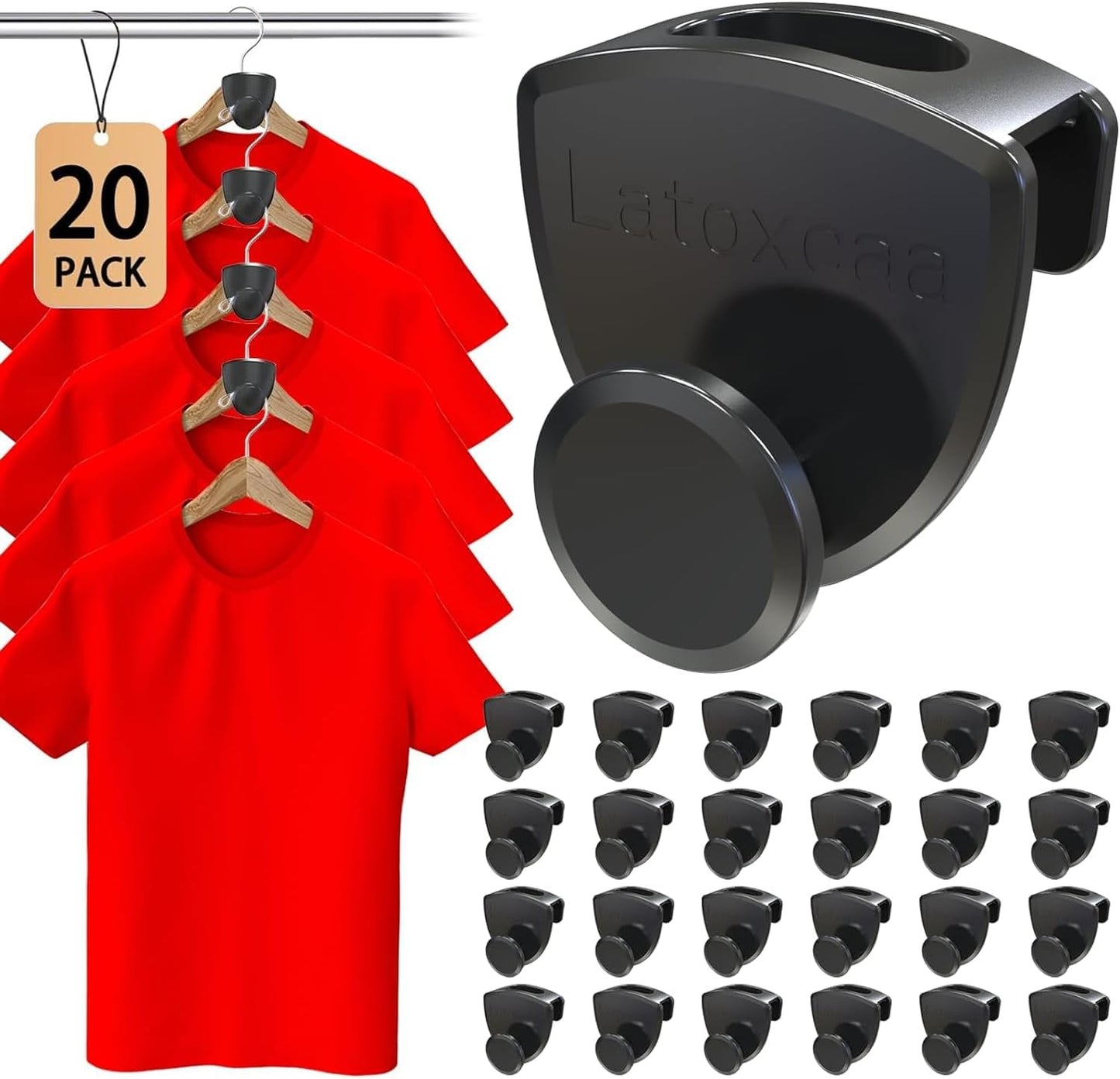 Premium Closet Space Saver Hanger Connectors - 20 Pack Heavy-Duty Cascading Hooks for Efficient Closet Organization, Black