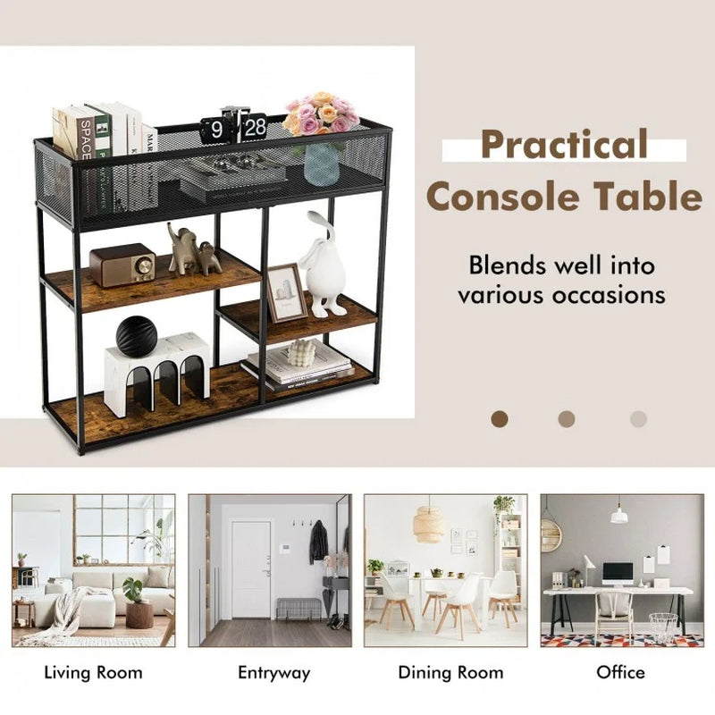 Industrial 4-Tier Console Table with Wire Basket and Shelf