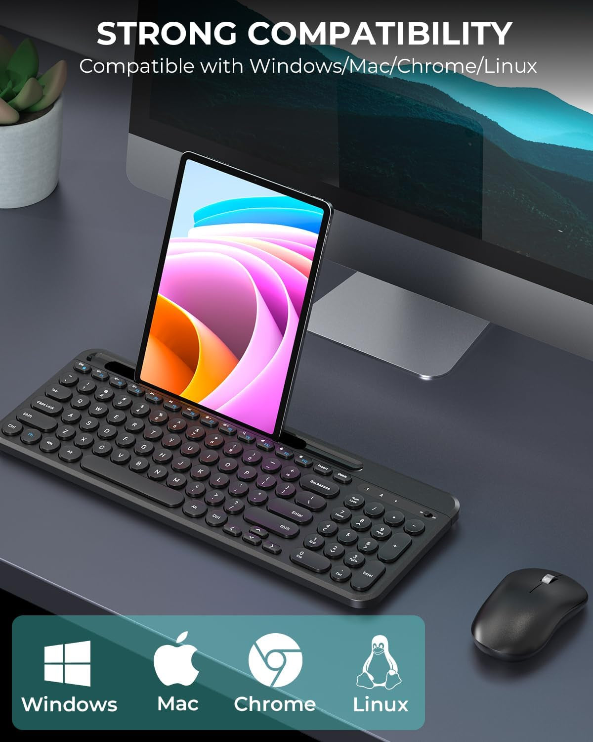 Wireless Keyboard and Mouse Set, 2.4G Quiet Typing Keyboard with Tablet and Phone Holder, 12 Multimedia Hotkeys, Silent Click Mouse, 36-Month Battery Life for PC, Mac, and Laptop (Black)