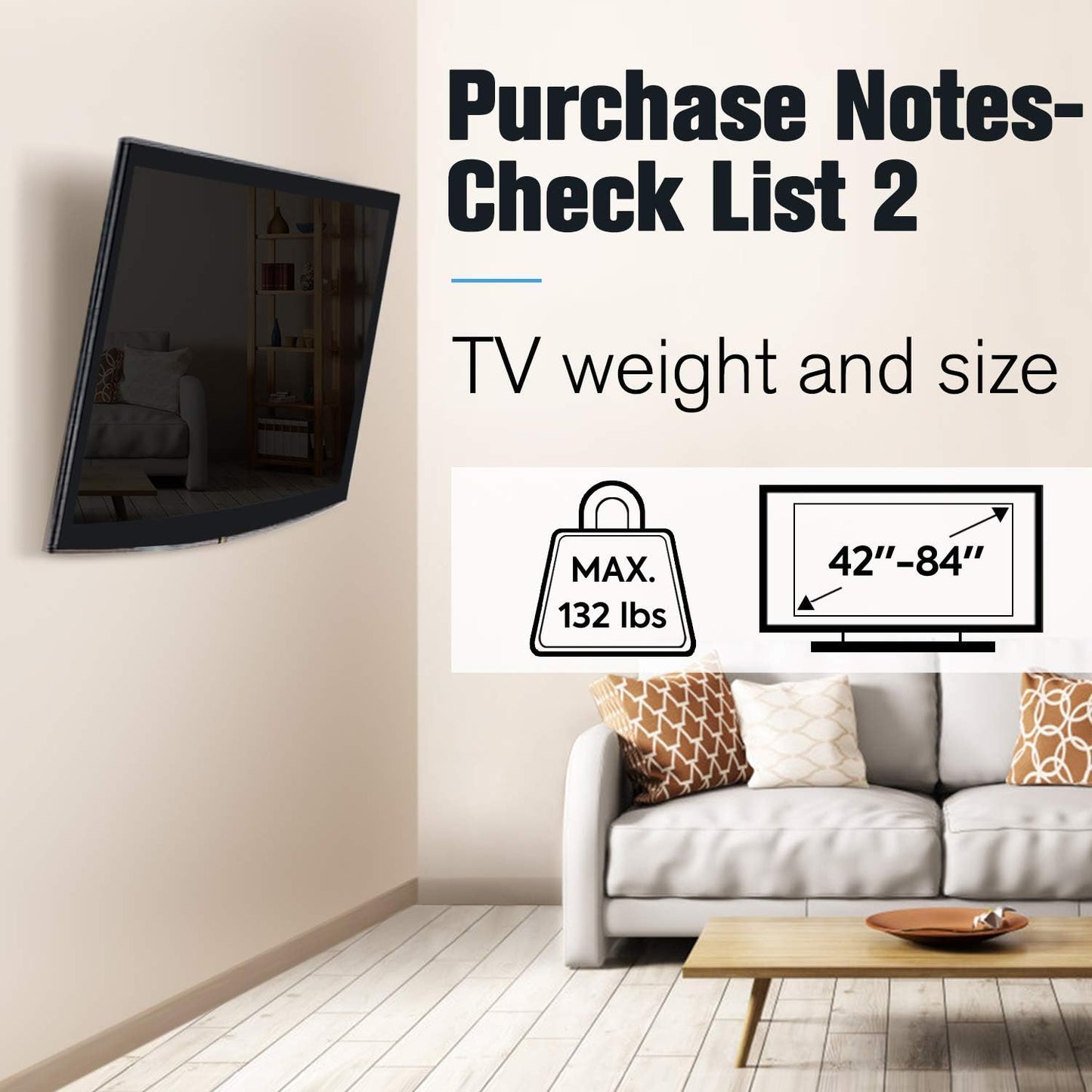 Tilting Low Profile TV Wall Mount for 42-84" TVs, VESA 800x400mm and 132 lbs, Compatible with 16", 18", 24", and 32" Stud Spacing