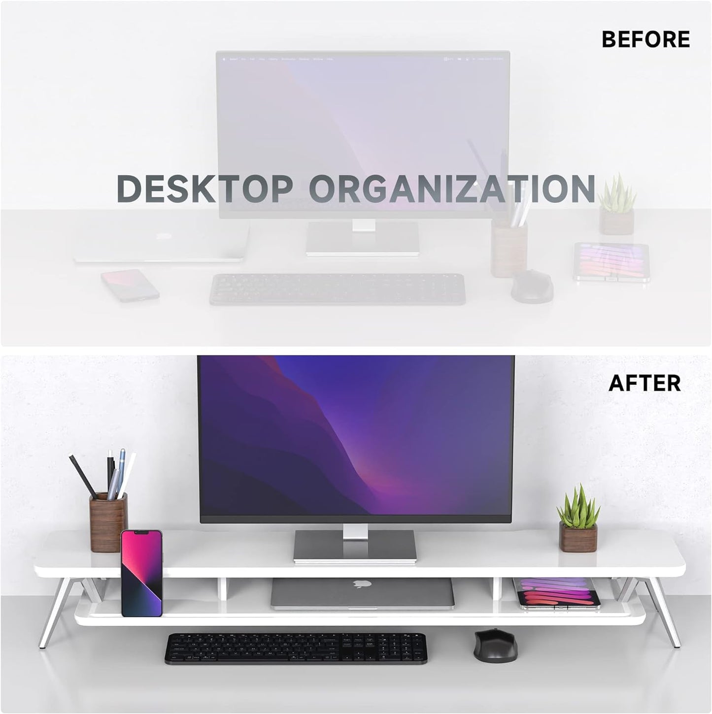 Dual Monitor Stand with Storage Organizer and Cable Management, 42.5-Inch Wooden Desk Shelf for Office Use (White)