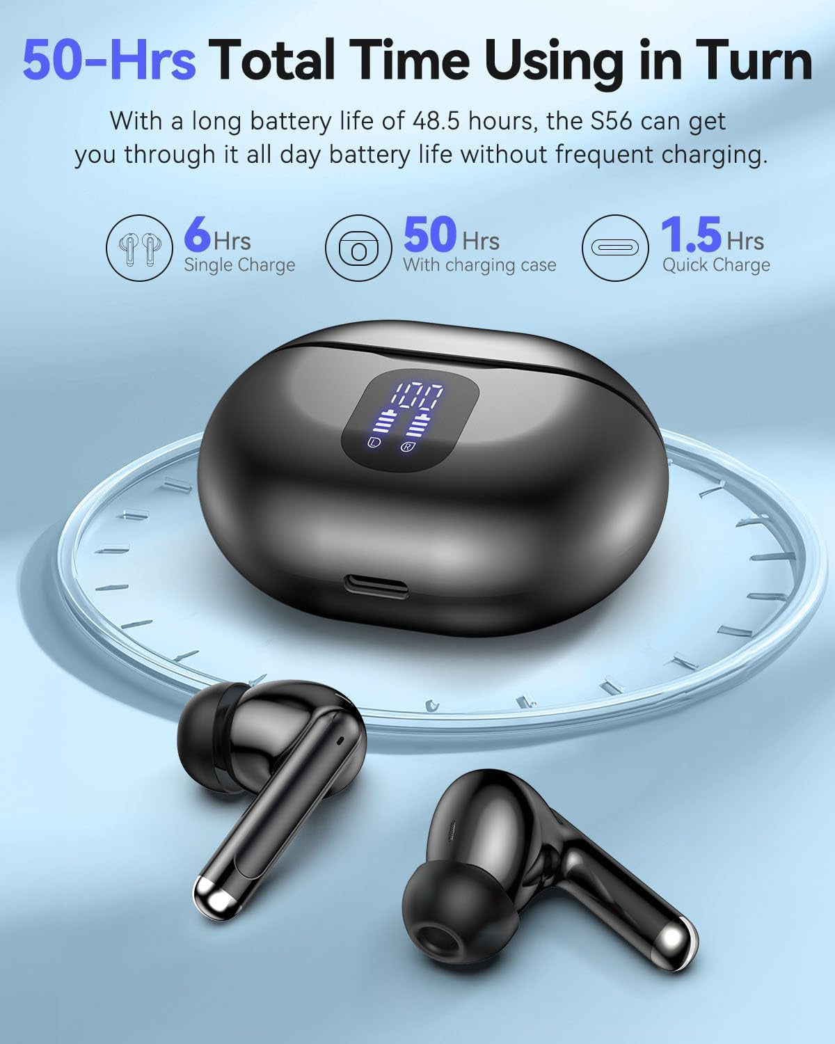Wireless Earbuds with Bluetooth 5.4, Deep Bass Stereo Sound, Noise Cancellation, 50 Hrs Playback, LED Display, IPX7 Waterproof - Black
