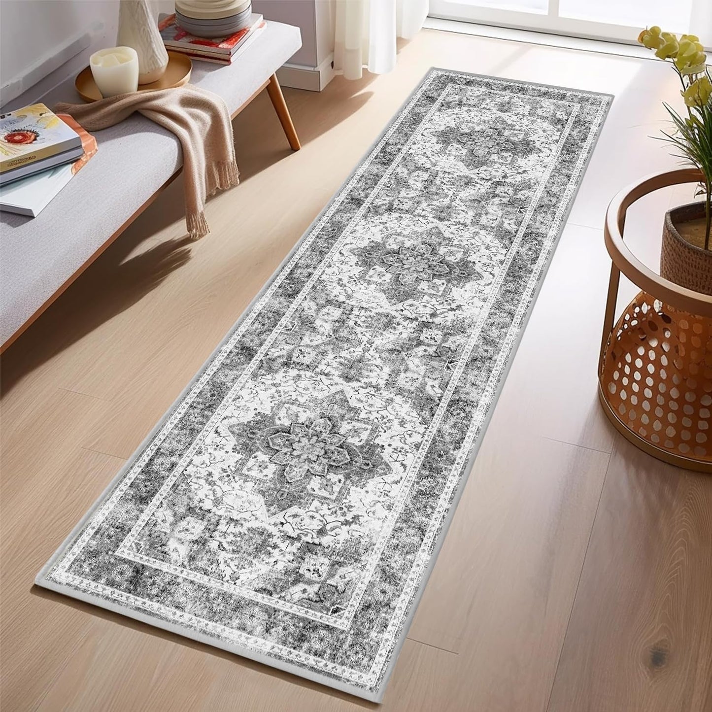 Boho Non-Slip Washable Runner Rug for Hallway and Kitchen, 2x5 Ft Light Grey Area Mat for Bedroom, Bath, Laundry, and Entryway