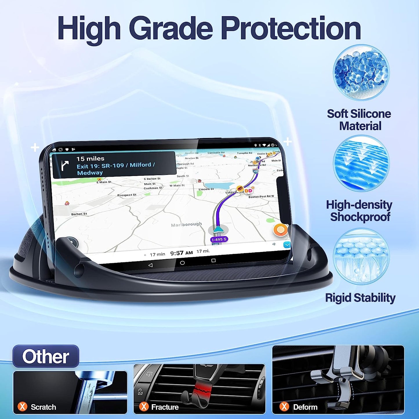 Car Phone Holder, Car Phone Mount Silicone Car Pad Mat for Various Dashboards, Slip Free Desk Phone Stand Compatible with Iphone, Black