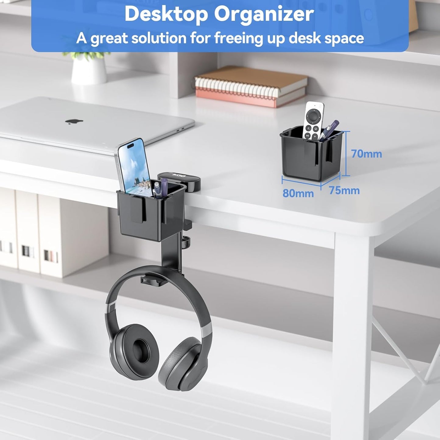 5-in-1 Desk Organizer with Rotating Headphone Hanger and Cup Holder - Clamp-On Storage Solution for Controllers, Headphones, Cups, Mobile Phones, and Pens (Black)