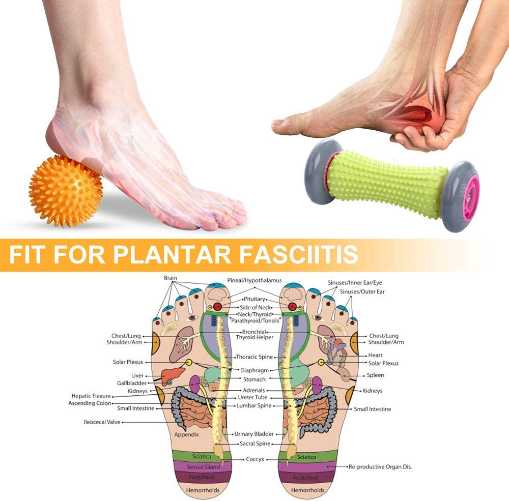 Foot Roller Massage Ball Set for Plantar Fasciitis Relief and Reflexology - 1 Roller and 2 Spiky Balls