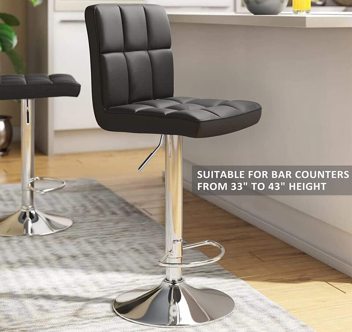 Set of 2 Adjustable Height Swivel Bar Stools in Black Bonded Leather with Backrest and Stability Features