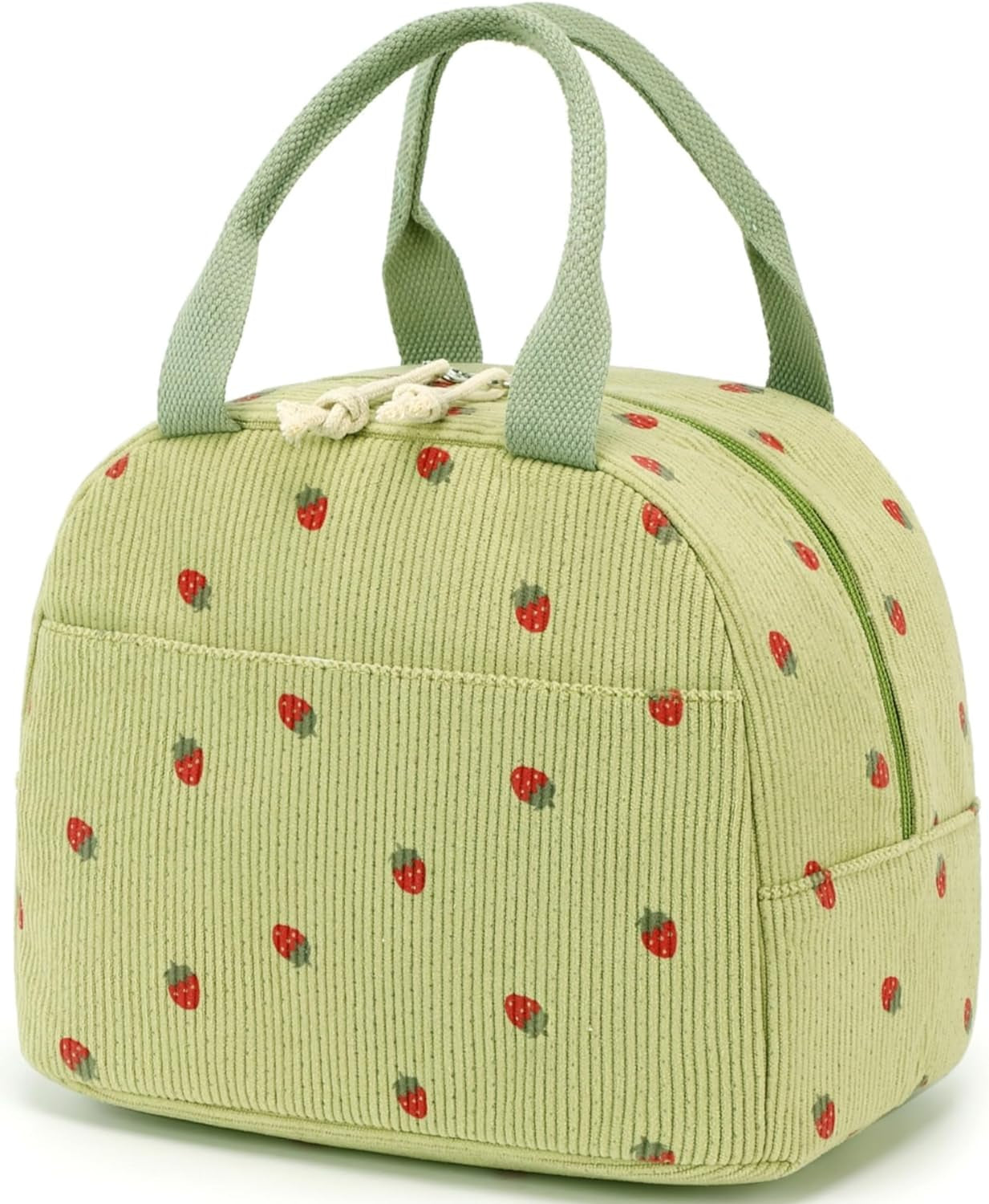 Corduroy Insulated Lunch Tote Bag for Men and Women - Reusable Large Capacity Cooler for Work, Picnics, and Travel (Strawberry Design)