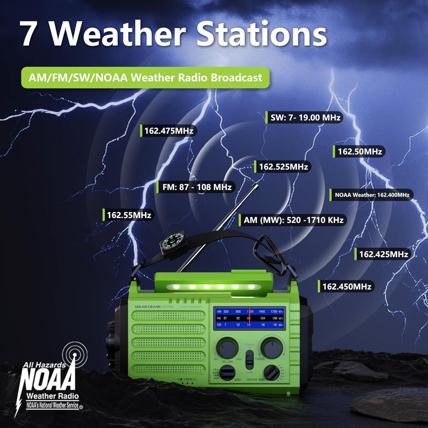 5-Way Powered Emergency Weather Radio Solar Charging, Hand Crank, USB Charger - 5000 Rechargeable, Radio, SOS Alarm, LED Camping Flashlight, Reading Lamp, Headphone Jack, Compass