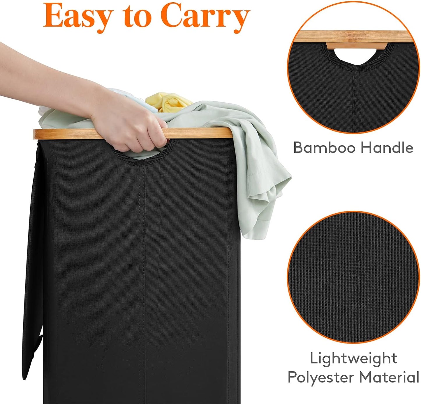 Premium Collapsible Laundry Hamper with Lid and Removable Bag, 100L Tall Storage Bin with Bamboo Handles - Black