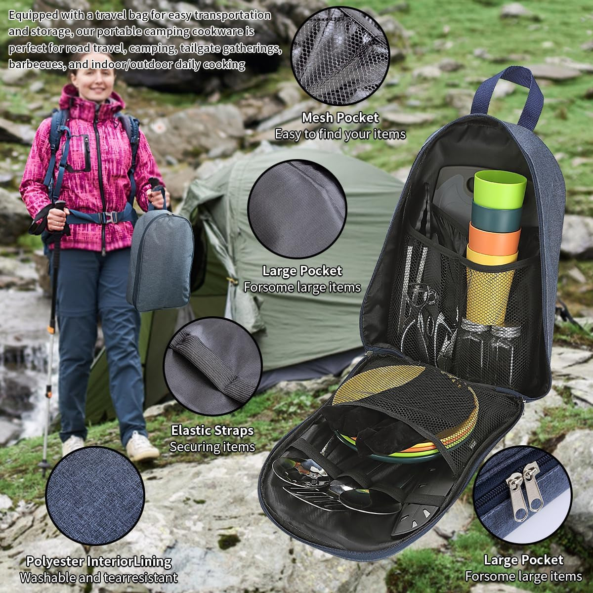 Camping Essentials: Comprehensive Cooking Utensils Set with Silverware, Plates, and Cups for Outdoor Stoves, Picnics, and BBQs