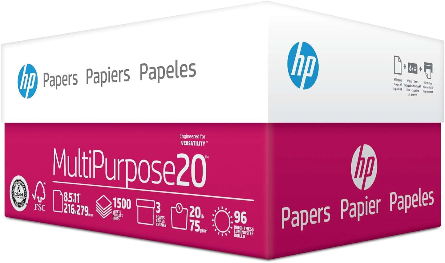 Multipurpose Printer Paper, 20 lb, 3 Ream Case (1500 Sheets), 96 Bright, FSC Certified, Compatible with 112530C