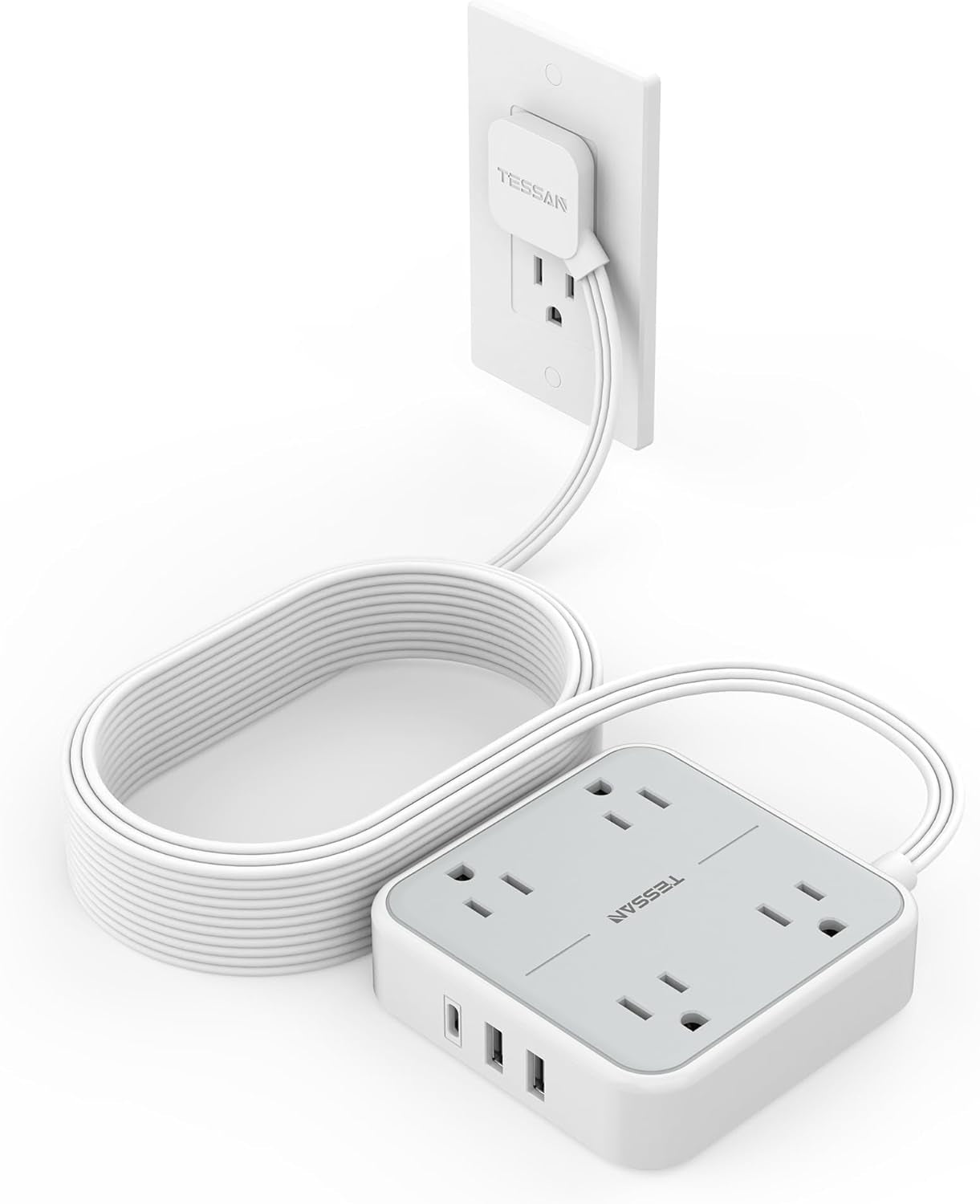 Flat Plug Power Strip with Surge Protection, 5-Foot Extension Cord, 4 Outlets and 3 USB Ports (1 USB-C), Gray