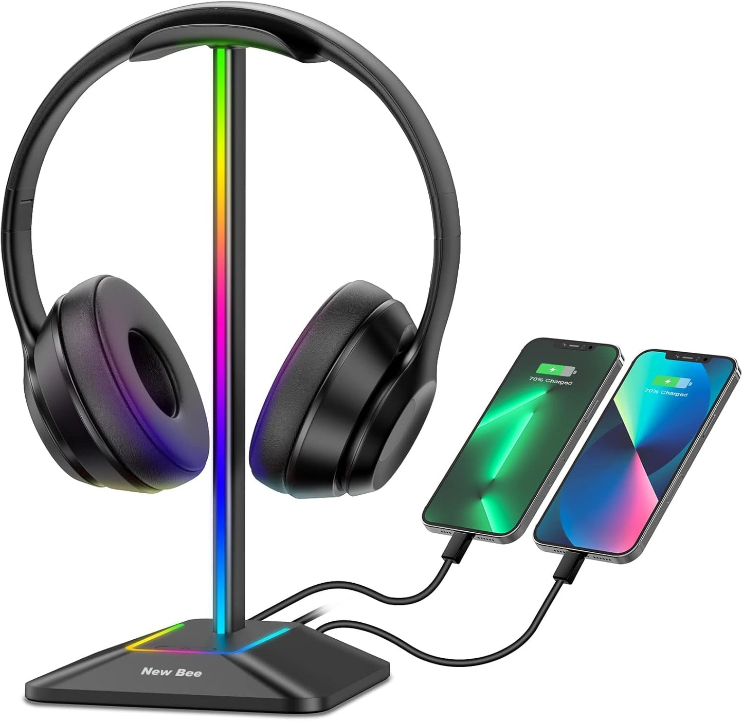 RGB Headphone Stand with Dual USB Charging Ports and 7 Lighting Modes for Gaming Headsets and Earphone Accessories