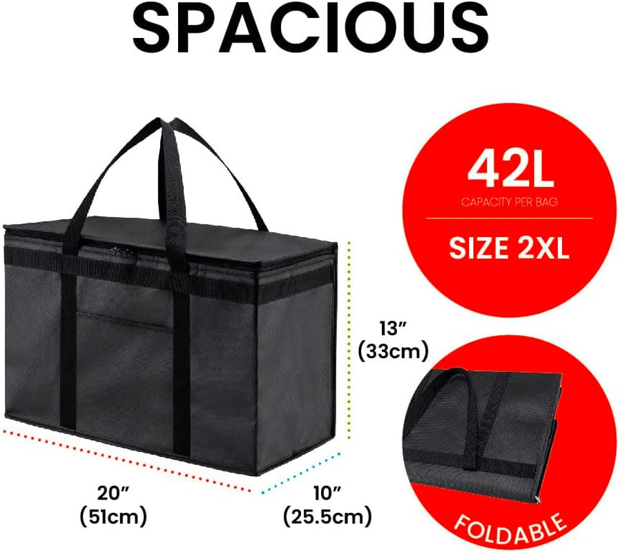XXL Insulated Cooler Bag and Food Warmer for Food Delivery and Grocery Shopping, Black, Zippered Top (1 Pack)
