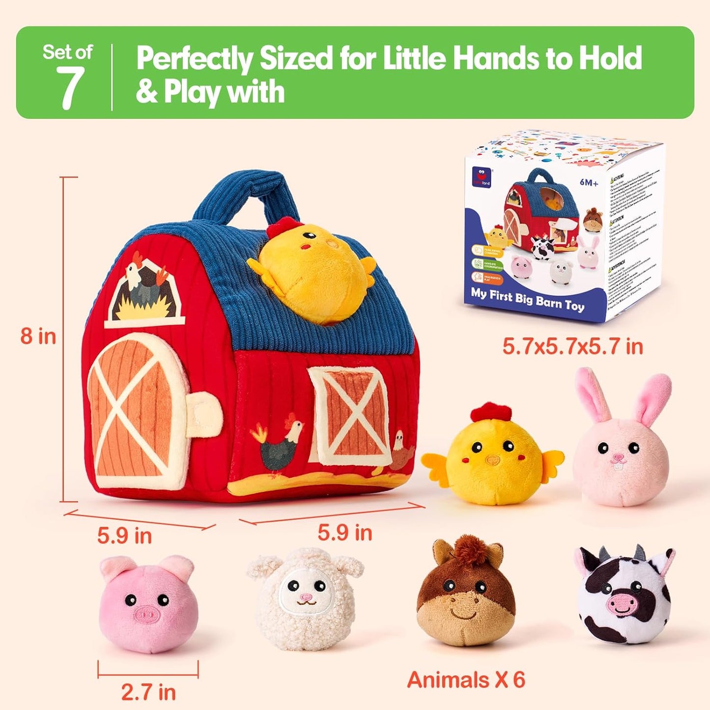 Surprise Barn Plush Farm Animal Rattles and Mirror Baby Toys, Sensory Development Toys 6-12 Months - Travel Toys