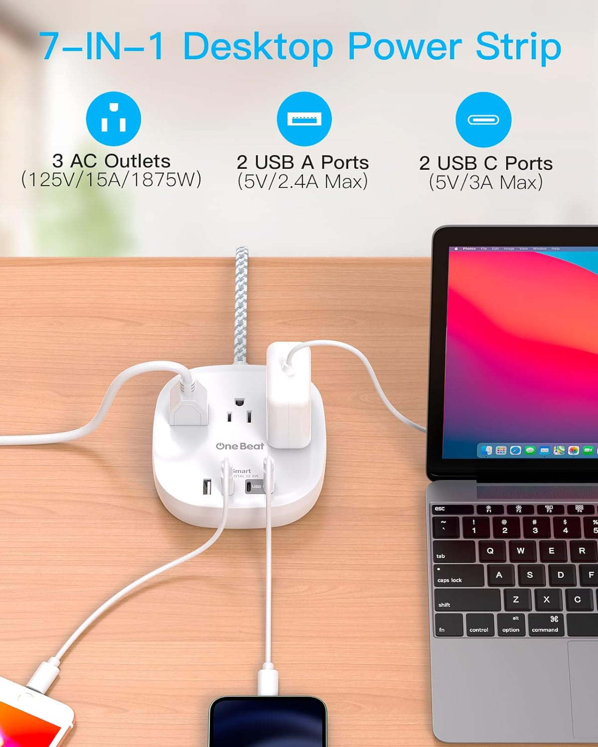 10-Foot Ultra-Thin Flat Plug Power Strip with 3 Outlets and 4 USB Ports (2 USB-C) - Desktop Charging Station - Travel and Dorm Room Use, No Surge Protection