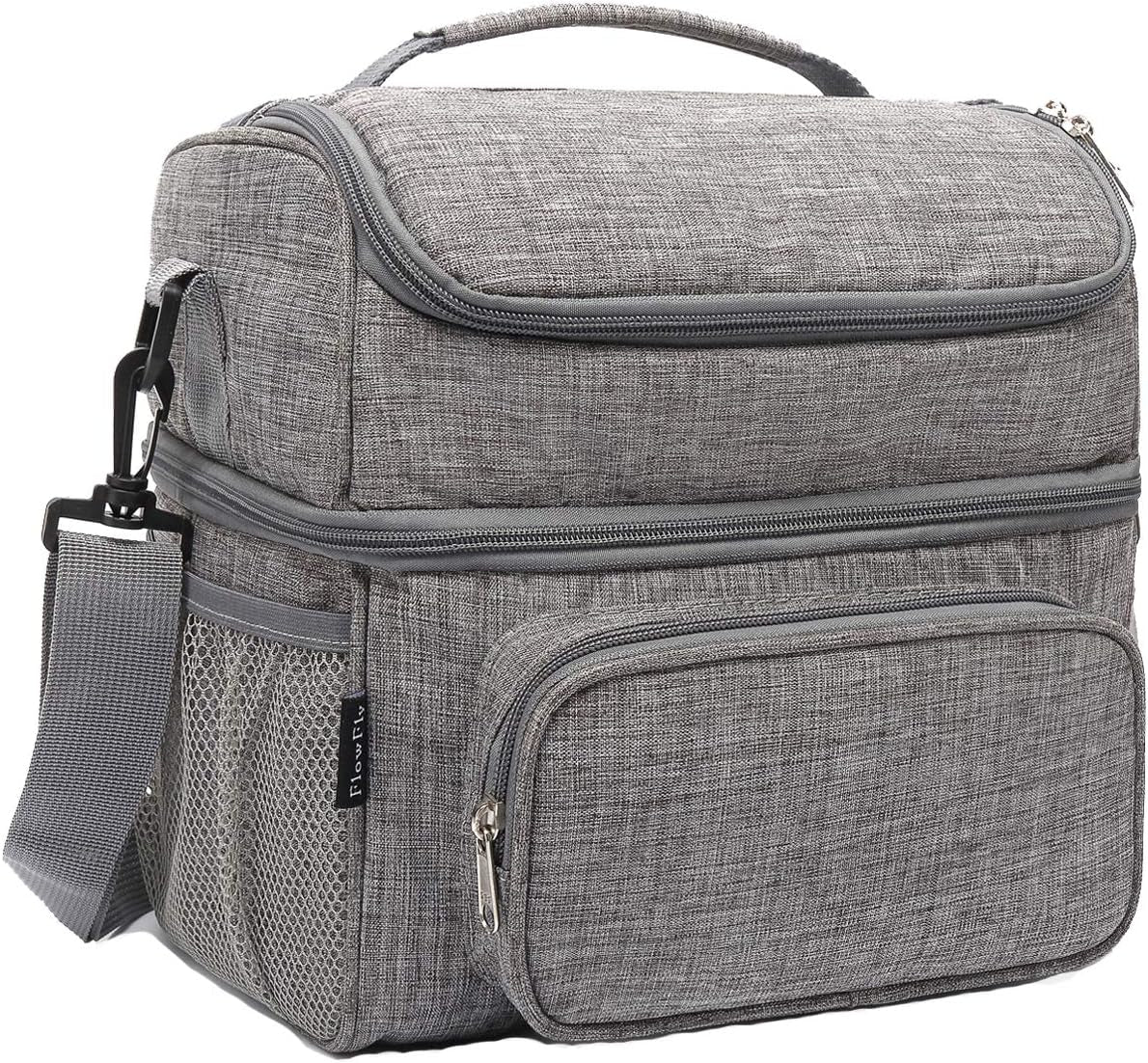 Insulated Adult Lunch Bag - Large Double Layer Cooler Tote with Adjustable Strap, Front Pocket, and Mesh Side Pockets in Army Green