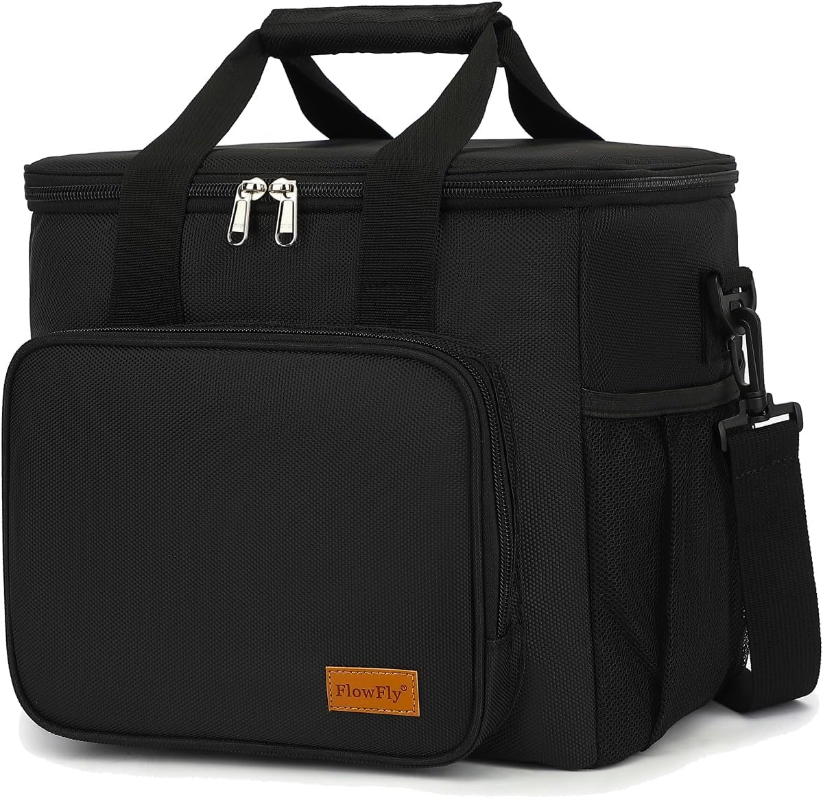 Insulated Lunch Bag for Adults - Spacious Cooler Tote with Adjustable Strap, Front Pocket, and Dual Large Mesh Side Pockets in Black