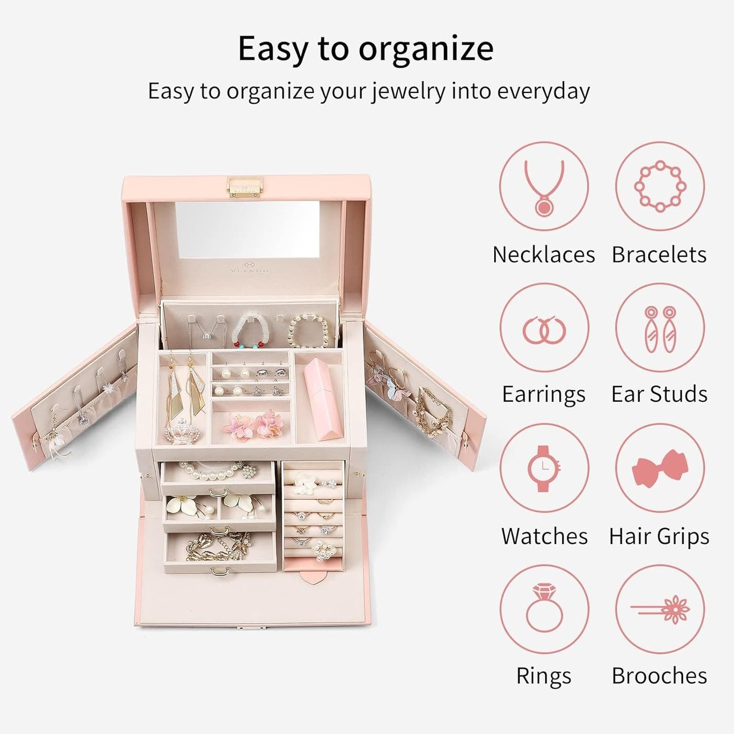 Elegant Baroque Jewelry Organizer-Spacious Storage Box with Mirror and Drawers for Bracelets, Earrings, Rings, Necklaces