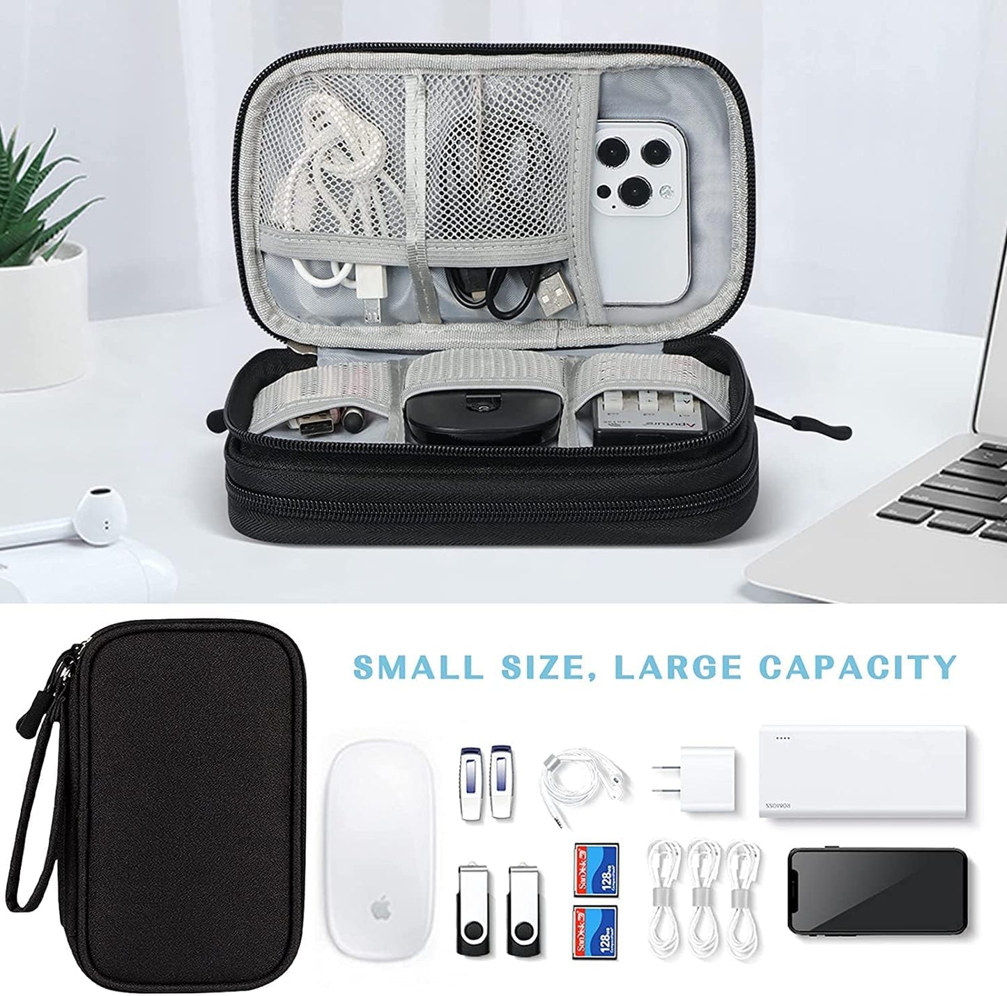 Portable Waterproof Electronic Organizer Bag - Double Layer Travel Case for Cables, Chargers, and Accessories - Black