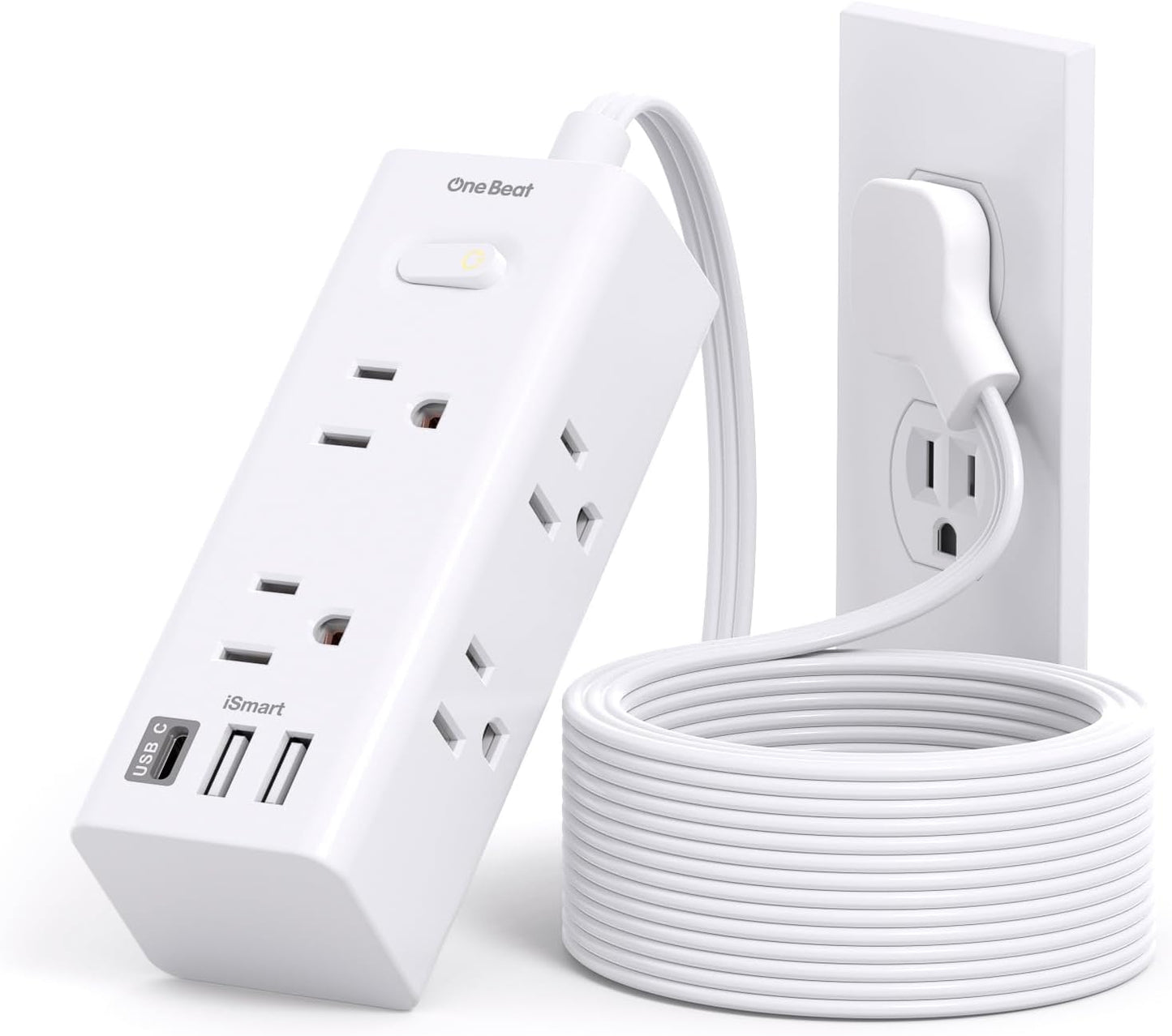 10FT Indoor Extension Cord with Surge Protector, Flat Plug, 6 Outlets and 3 USB Ports (including 1 USB-C) for Home, College