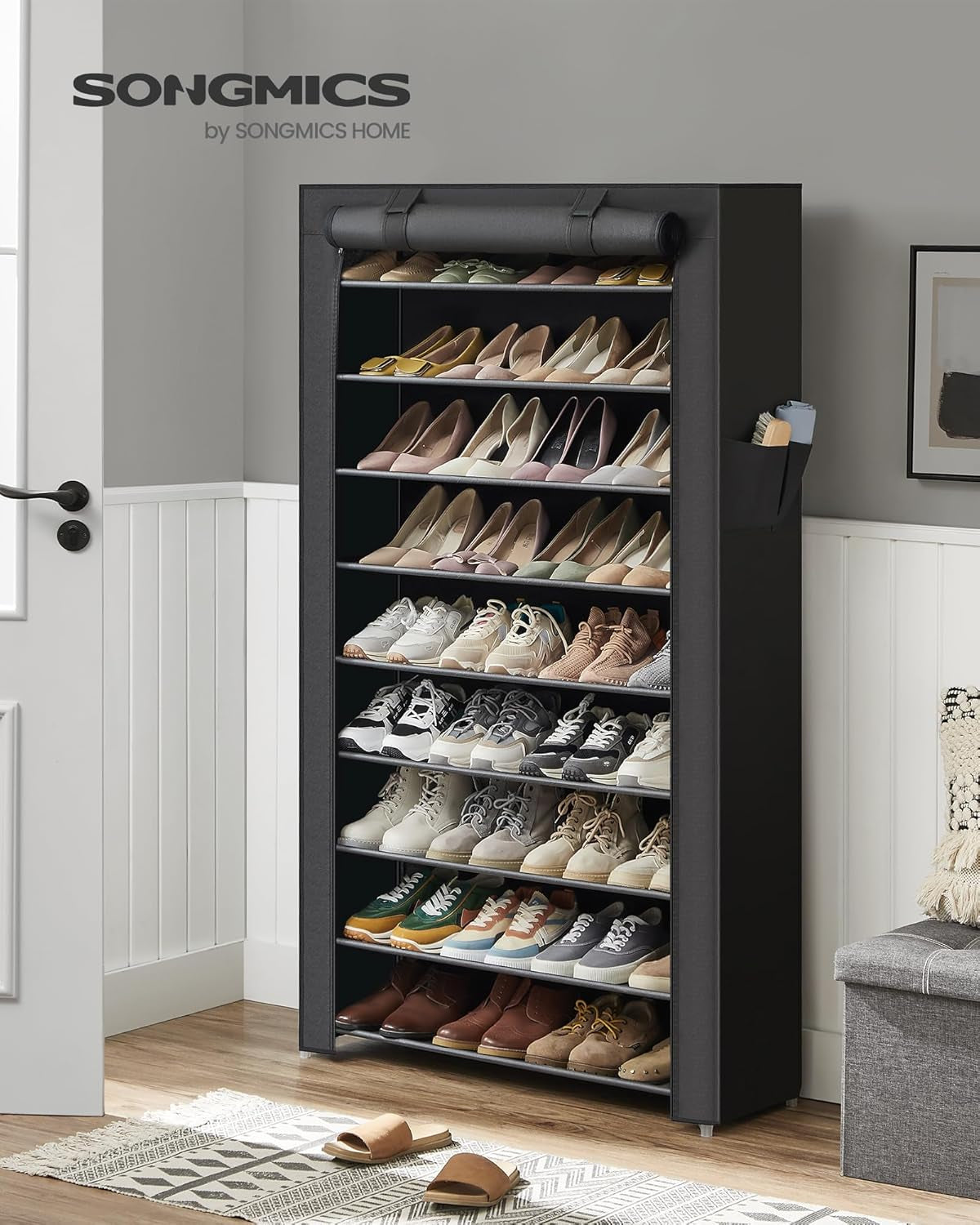 9-Tier Shoe Organizer with Nonwoven Fabric Cover - Storage Solution for 40-50 Pairs of Shoes, Black