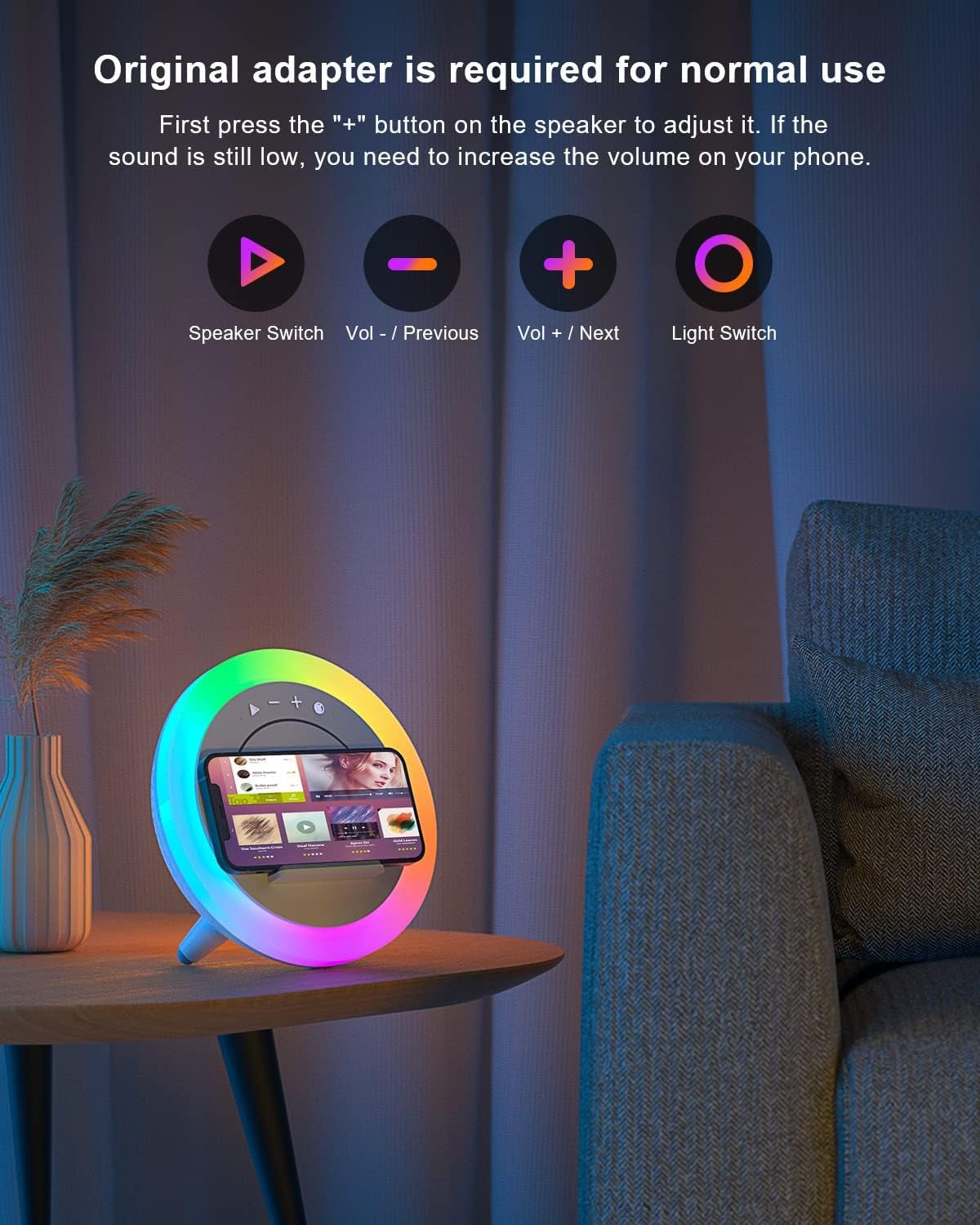 Bluetooth Speaker with LED Lighting and Wireless Charging, Dimmable Multi-Color Modern Night Lamp for Bedroom
