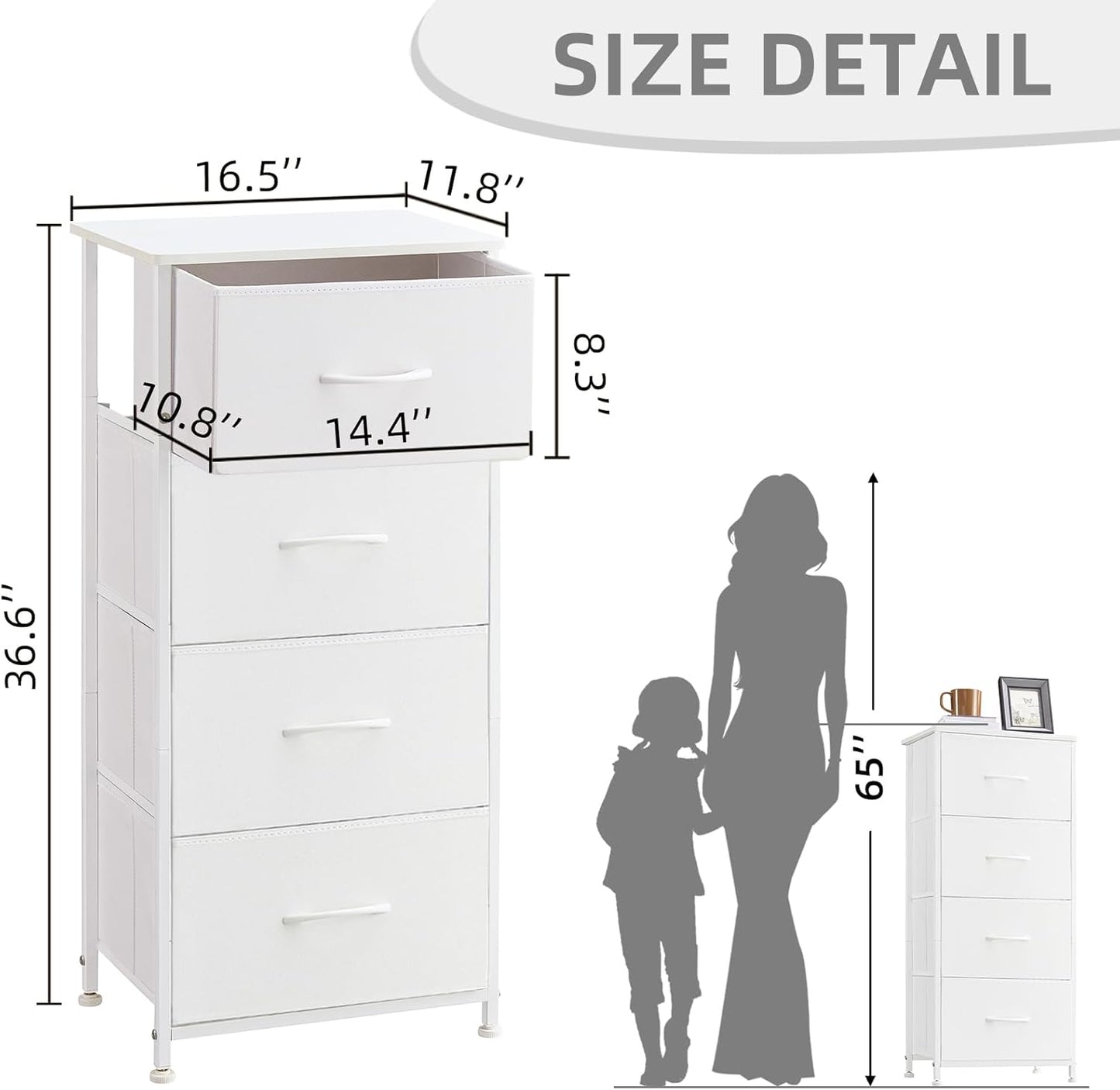 Tall Dresser for Bedroom, 4 Drawer Storage Organizer Chest of Drawers with Removable Fabric Bins - White Leather