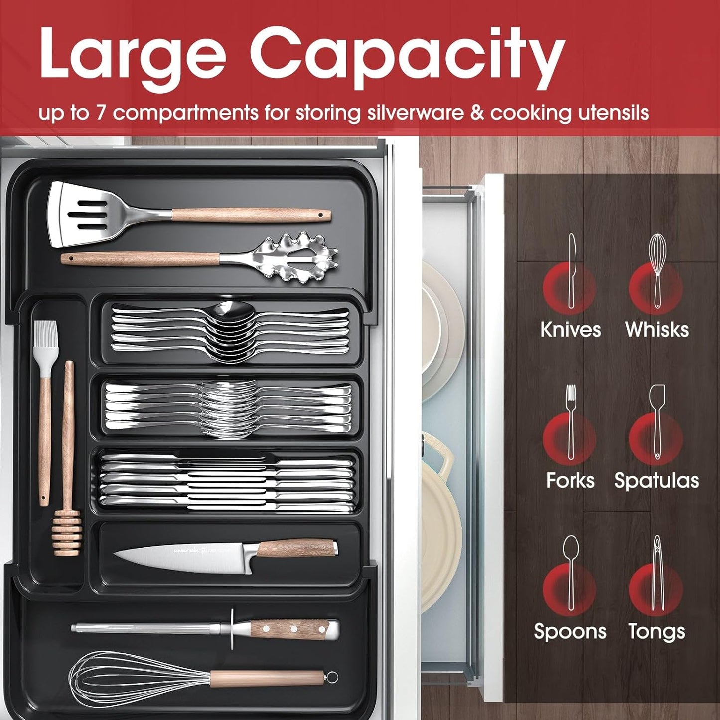 Expandable Cutlery Organizer - Adjustable Utensil Drawer Tray for Forks, Knives, and Silverware, Black, Small