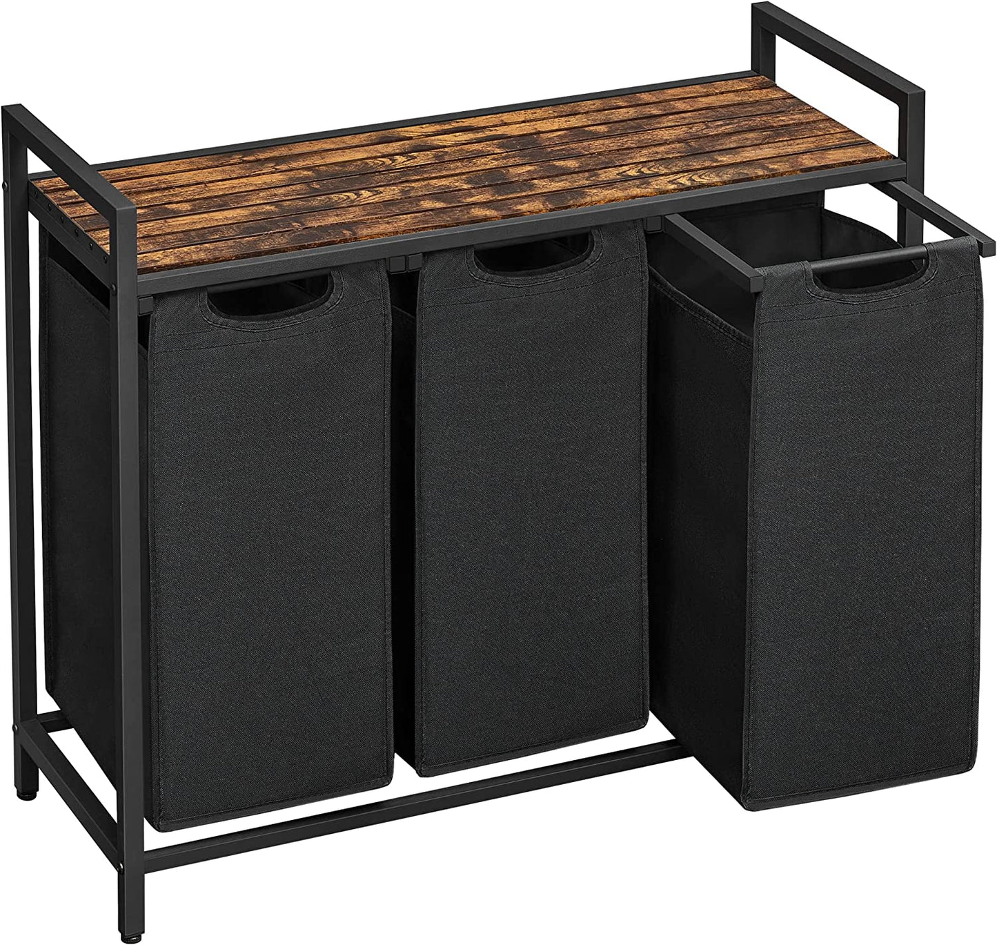Rustic Brown and Black Laundry Hamper with Metal Frame, Dual Pull-Out Removable Bags, and Shelf - (46L), 28.8 x 13 x 28.4 Inches
