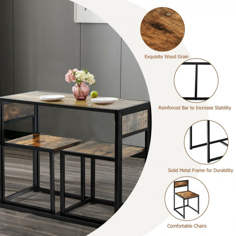 Compact 3-Piece Dining Set with Metal Frame: Table and 2 Chairs for Small Spaces