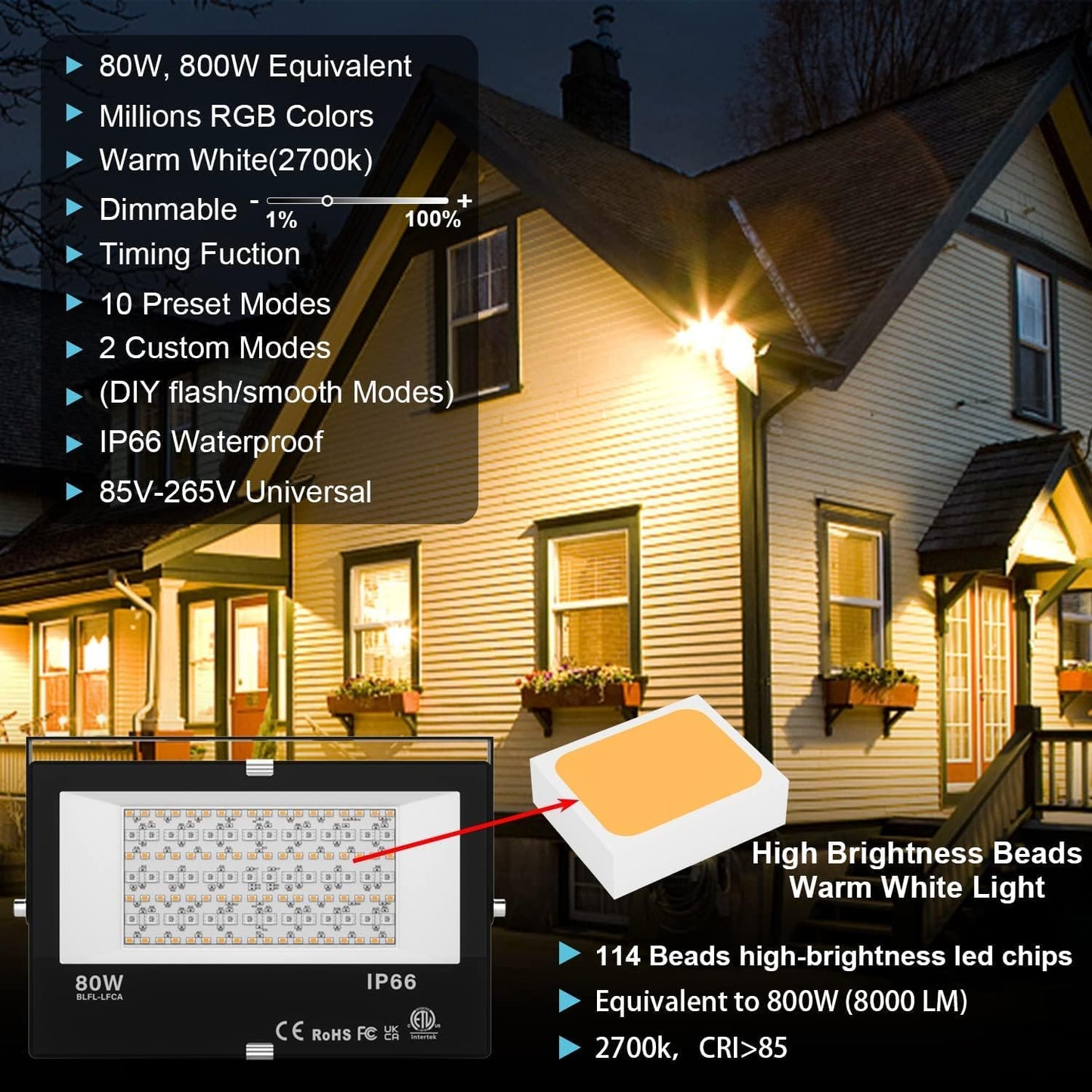 80W Bluetooth RGB Color Changing LED Flood Lights - 800W Equivalent, IP66 Waterproof, APP Group Control, 2700K Warm White & 16 Million Colors, 23 Modes, US 3-Plug (4 Pack)