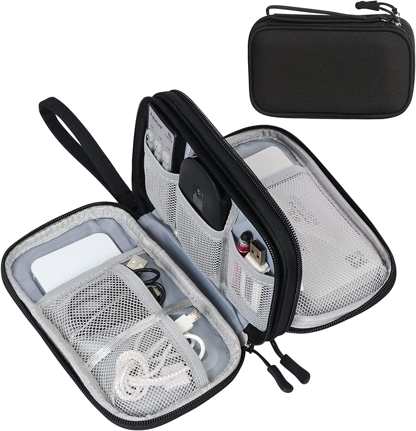 Portable Waterproof Electronic Organizer Bag - Double Layer Travel Case for Cables, Chargers, and Accessories - Black