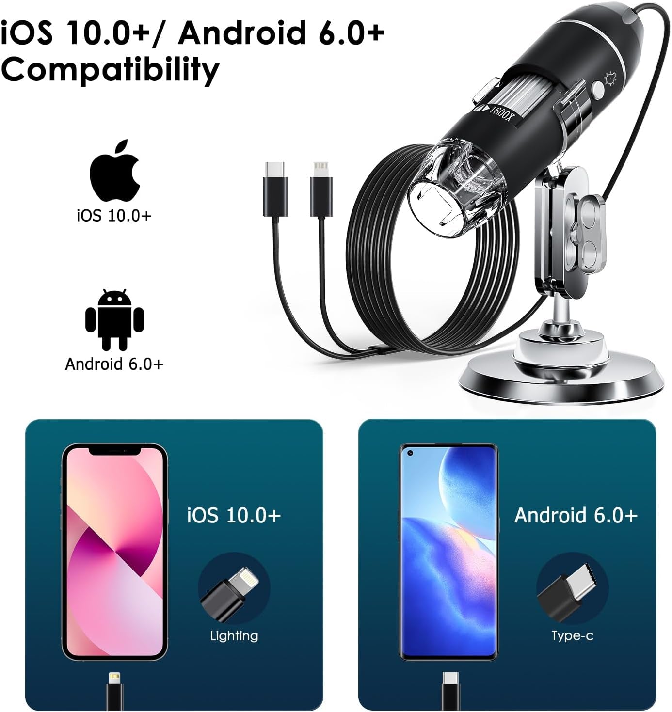 USB Digital Microscope Camera - Handheld HD Inspection Device - 50X-1600X Magnification, Adjustable Stand, 8 LED Lights, for iOS & Android (Black)