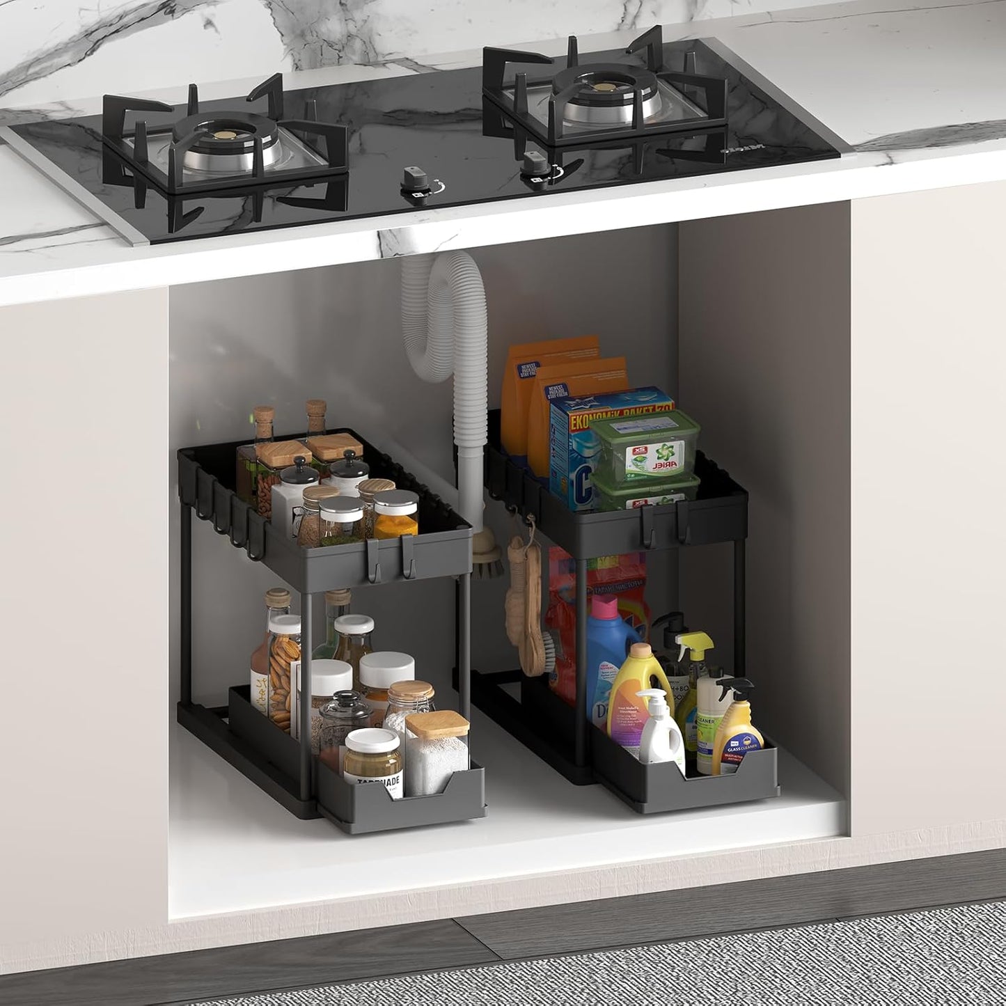 Under Sink Organizer and Storage Solution - 2-Tier Cabinet Shelf with 8 Hooks and Spice Rack for Kitchen and Bathroom