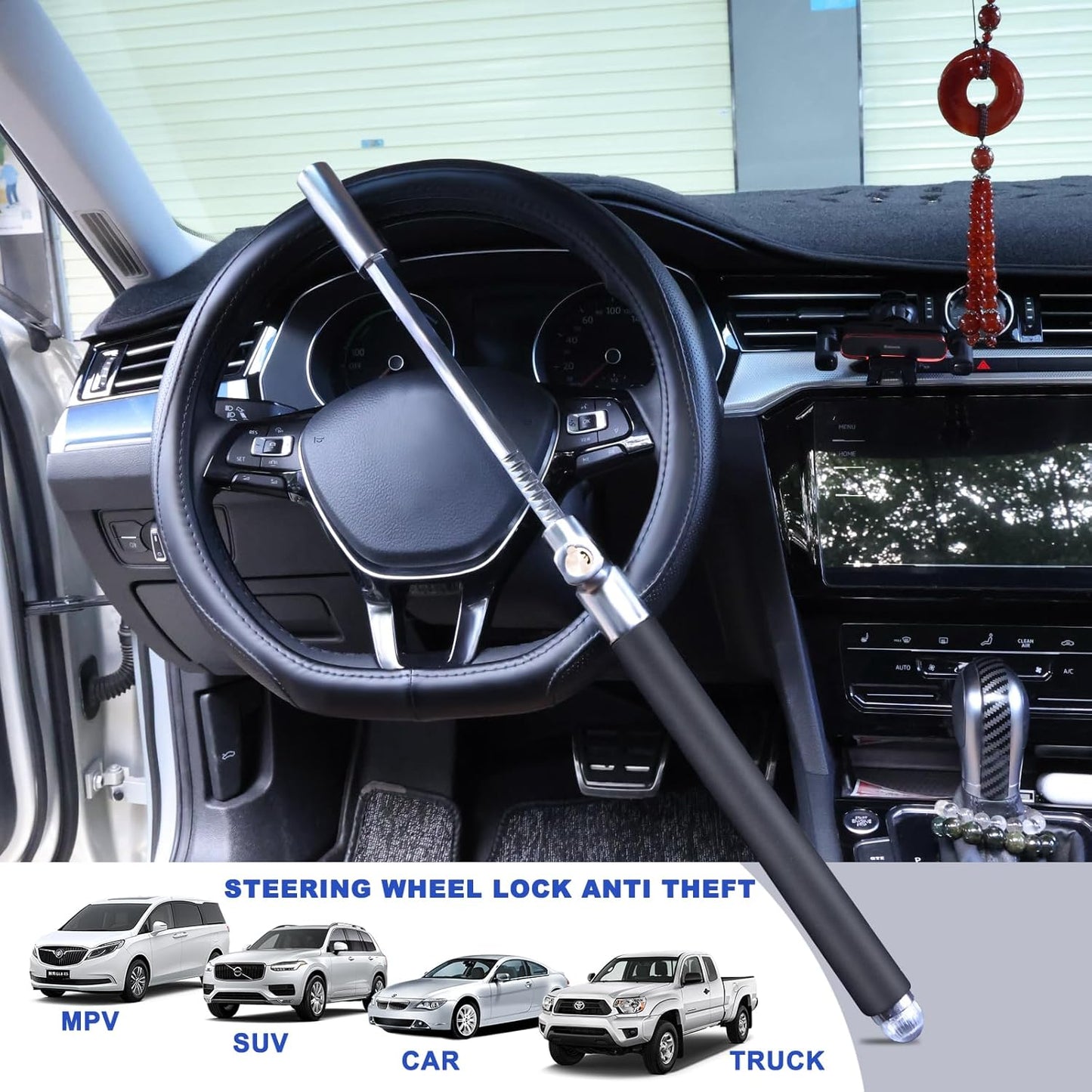 Adjustable Steering Wheel Lock with Anti-Theft Features and 3 Keys - Cars, Vans, and SUVs (Black)