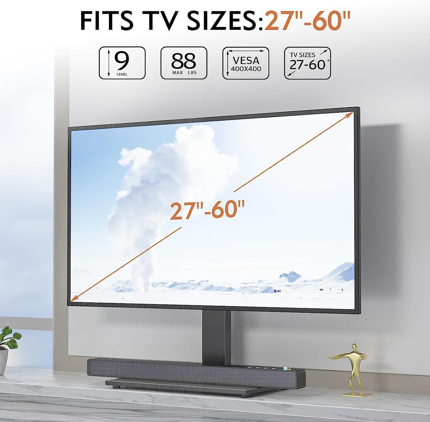 Universal Table Top TV Stand for 27-60 InchTVs - Height Adjustable with Tempered Glass Base and Wire Management, VESA 400x400mm
