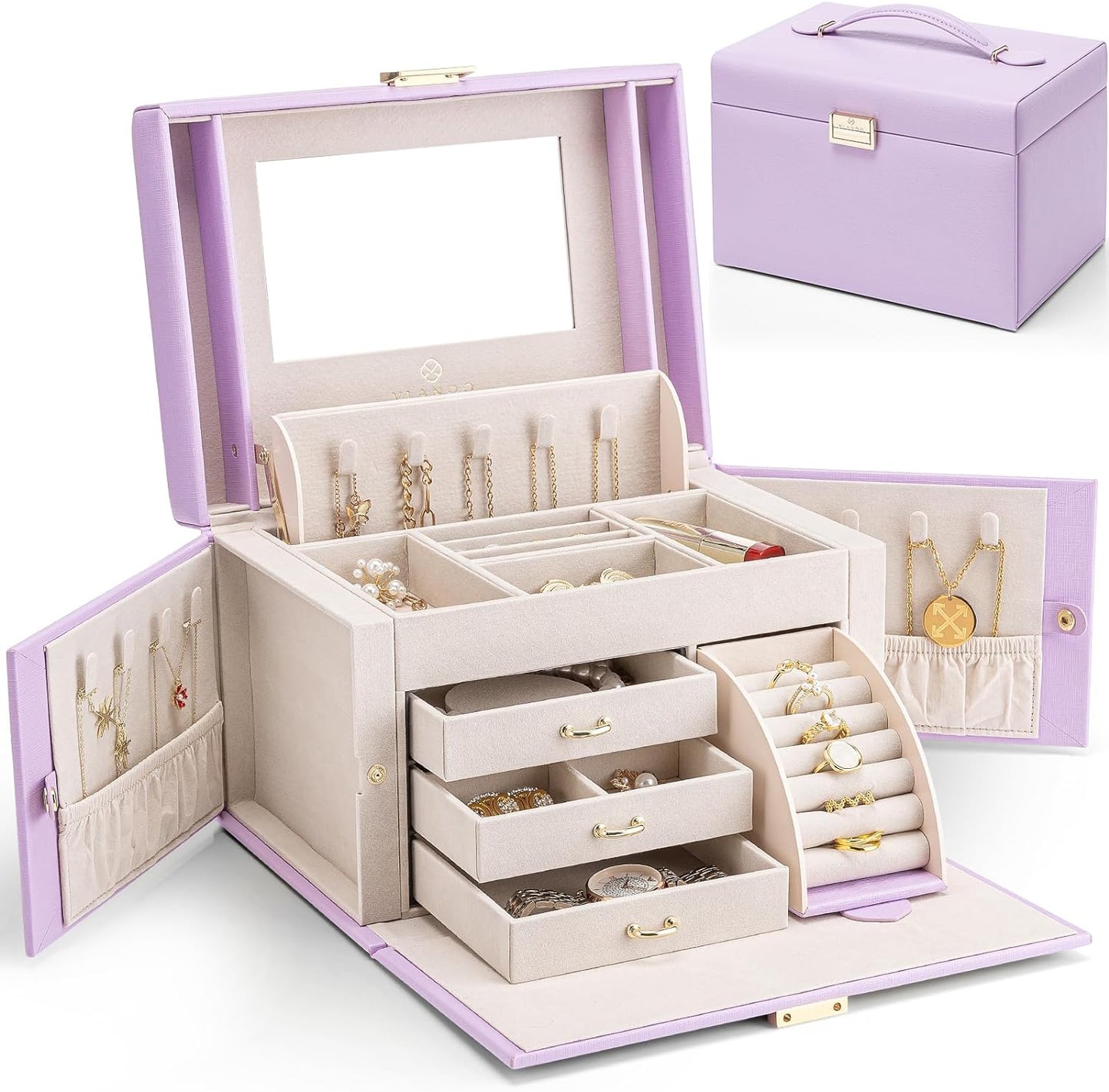 Elegant Baroque Jewelry Organizer-Spacious Storage Box with Mirror and Drawers for Bracelets, Earrings, Rings, Necklaces