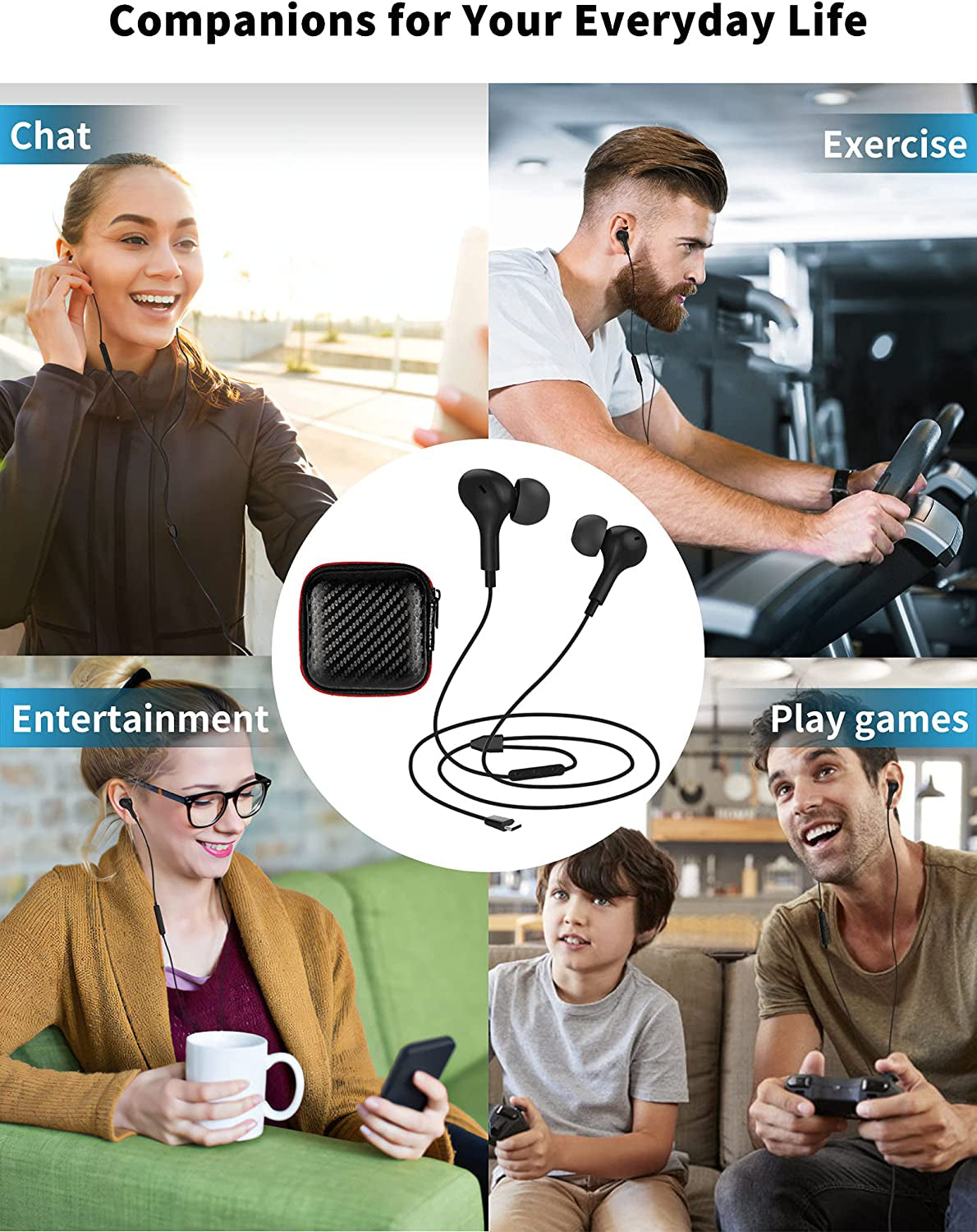 USB C Wired Earbuds with Microphone and Volume Control, Magnetic In-Ear Design, Bass Noise Cancelling (Black)